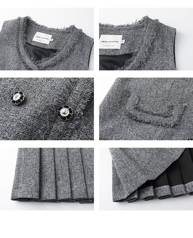 Pleated Tweed Vest Dress With Fringed Edges