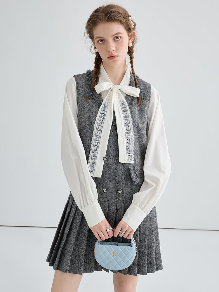 Pleated Tweed Vest Dress With Fringed Edges
