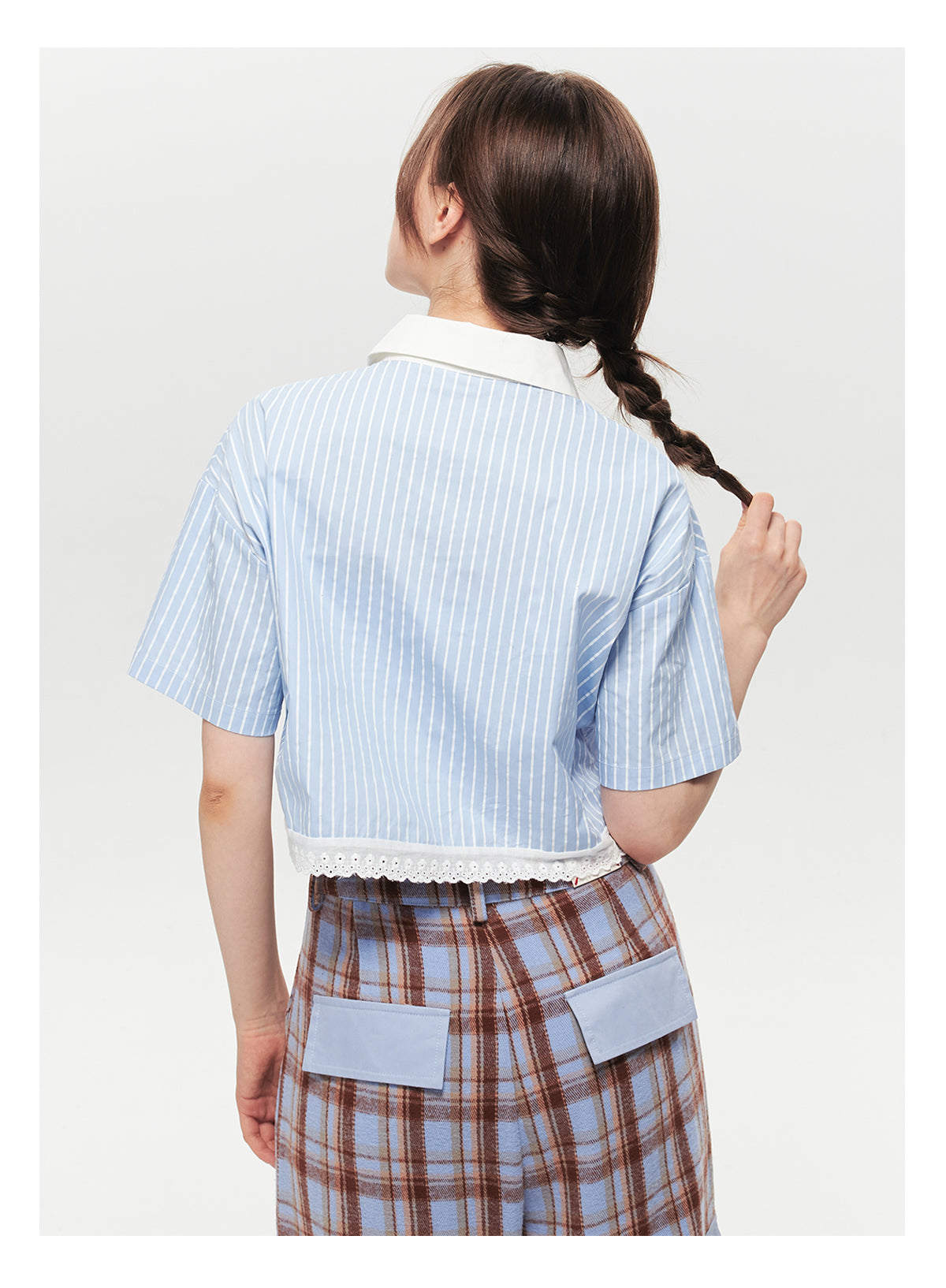 Striped Cropped Shirt With Lace Trim & Floral Embroidery
