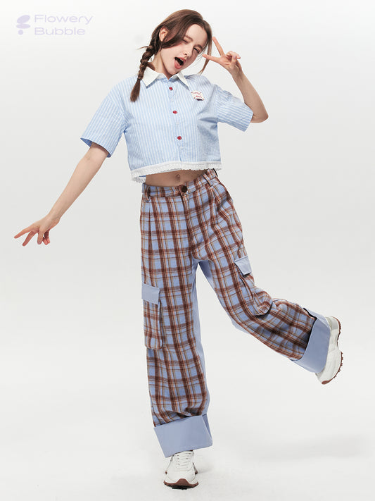 Striped Cropped Shirt With Lace Trim & Floral Embroidery