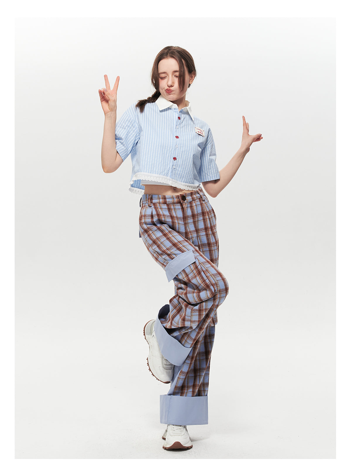 Striped Cropped Shirt With Lace Trim & Floral Embroidery
