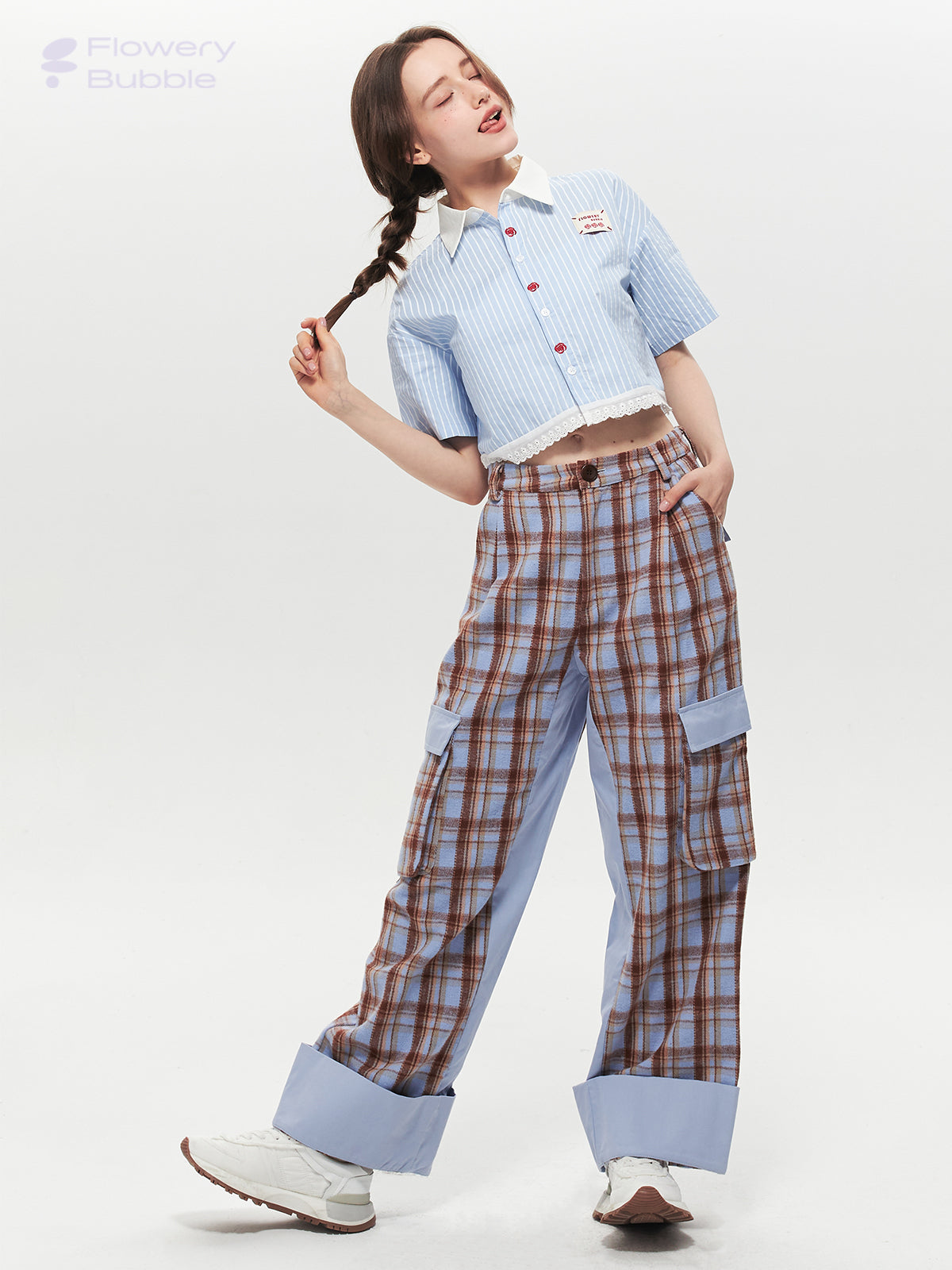 Striped Cropped Shirt With Lace Trim & Floral Embroidery