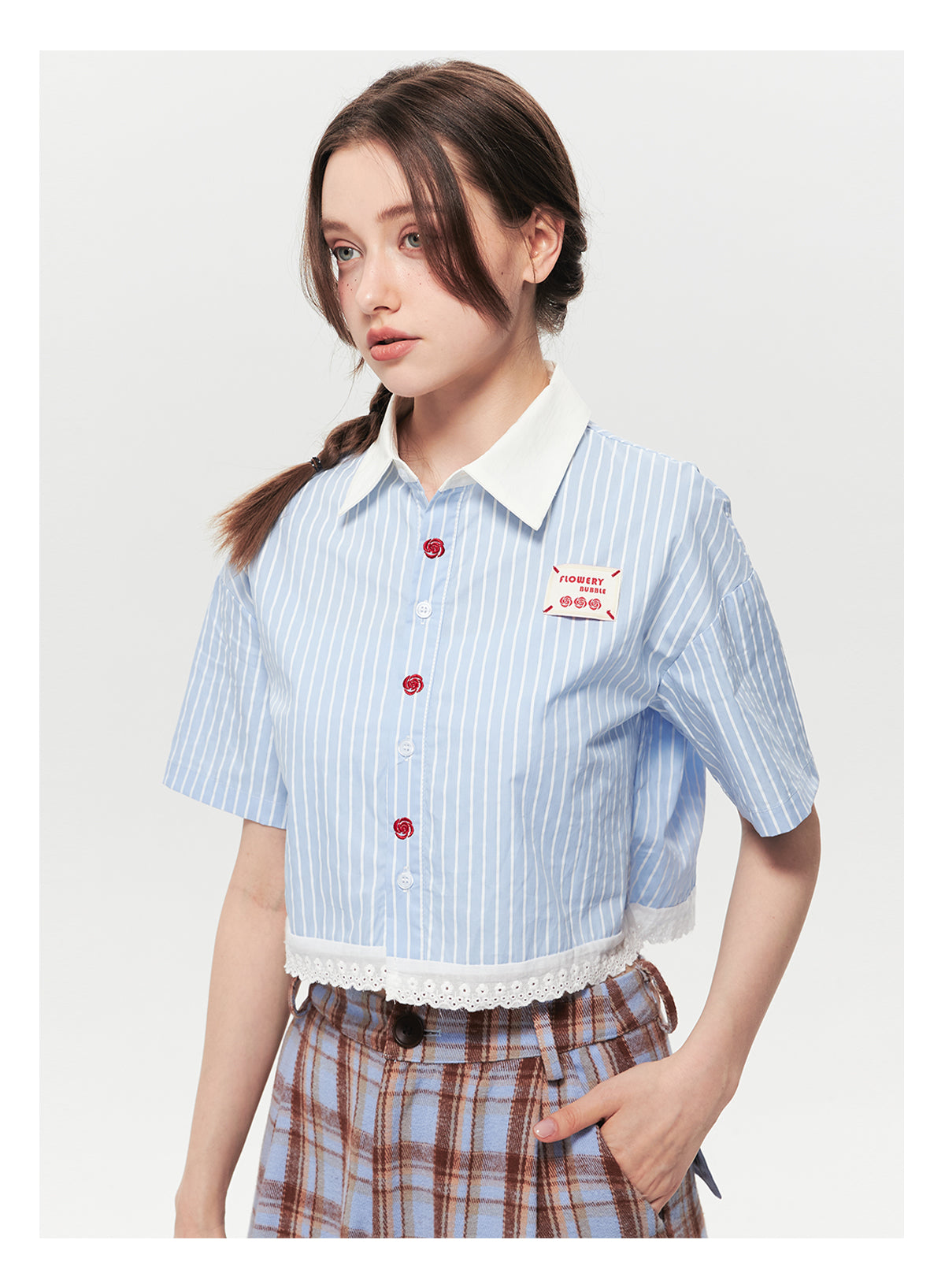 Striped Cropped Shirt With Lace Trim & Floral Embroidery