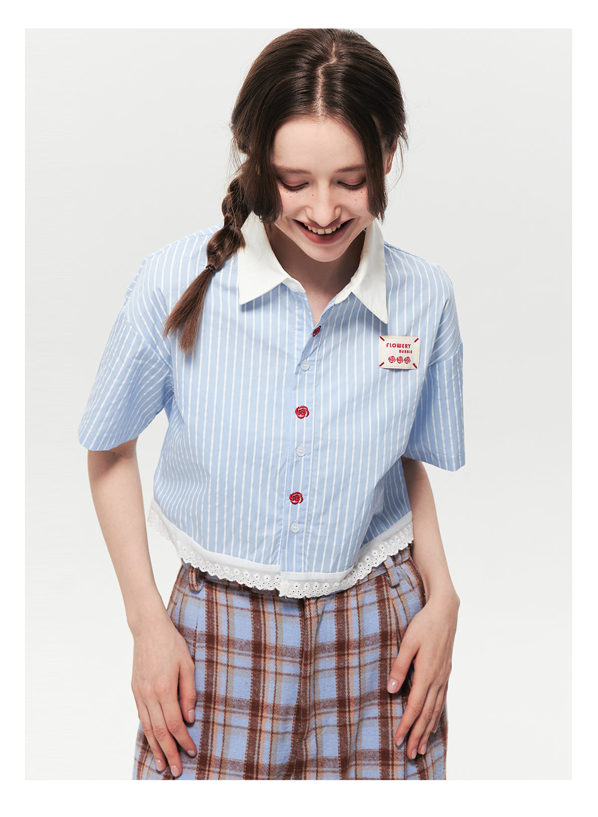 Striped Cropped Shirt With Lace Trim & Floral Embroidery