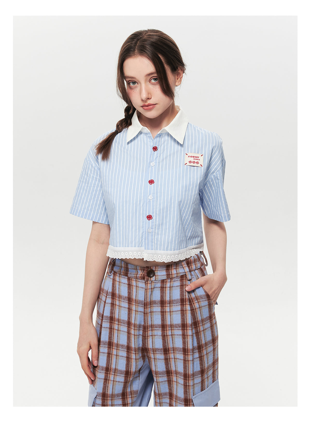 Striped Cropped Shirt With Lace Trim & Floral Embroidery