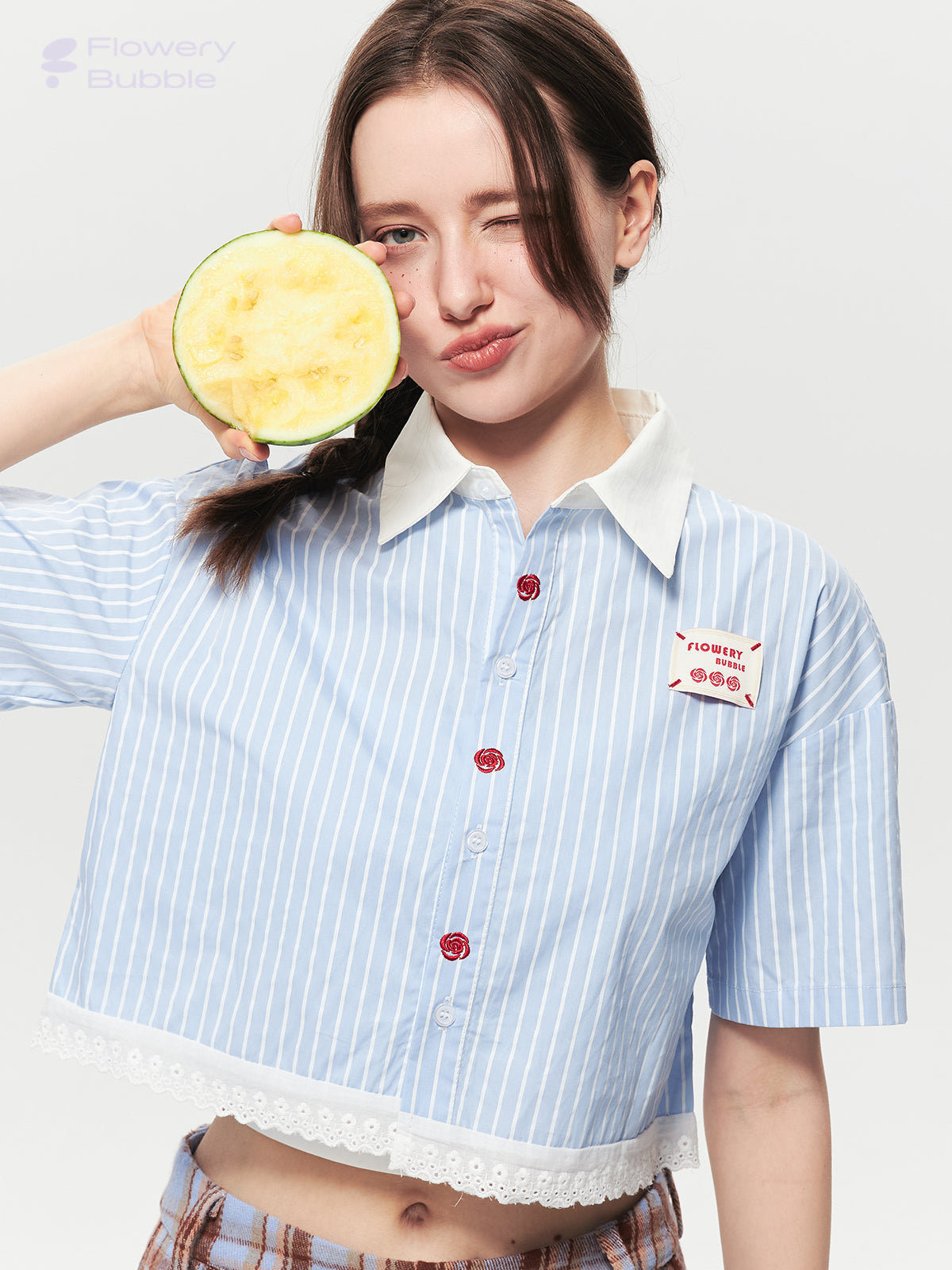 Striped Cropped Shirt With Lace Trim & Floral Embroidery