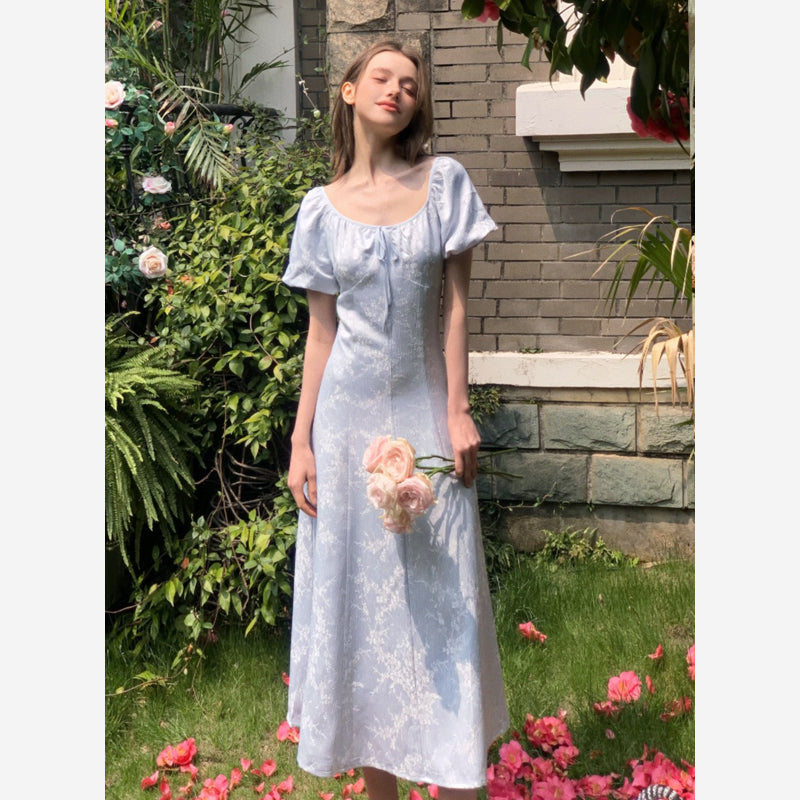 Bubble-Sleeve Jacquard Satin Dress