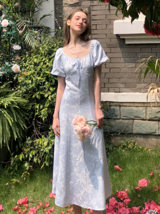 Bubble-Sleeve Jacquard Satin Dress