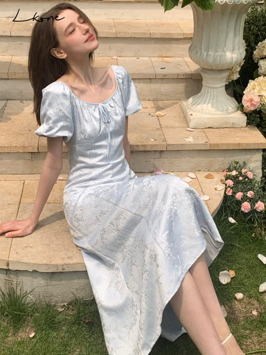 Bubble-Sleeve Jacquard Satin Dress