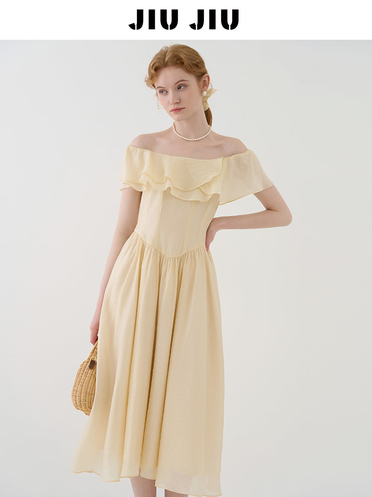 Ruffled Off-Shoulder Chiffon Dress
