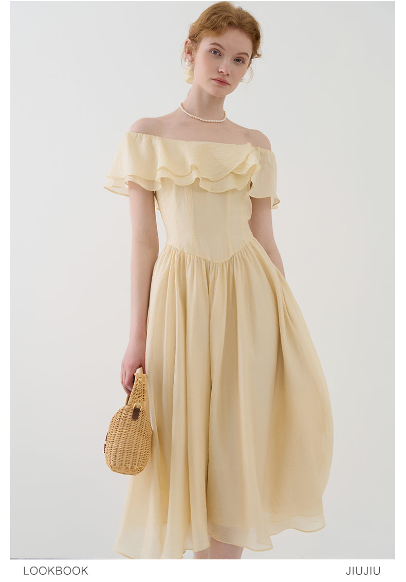 Ruffled Off-Shoulder Chiffon Dress