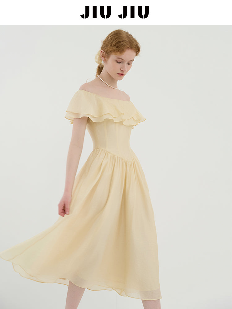 Ruffled Off-Shoulder Chiffon Dress