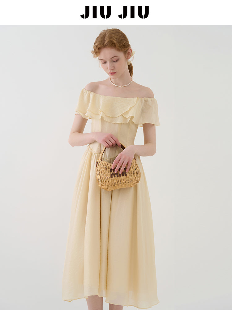 Ruffled Off-Shoulder Chiffon Dress