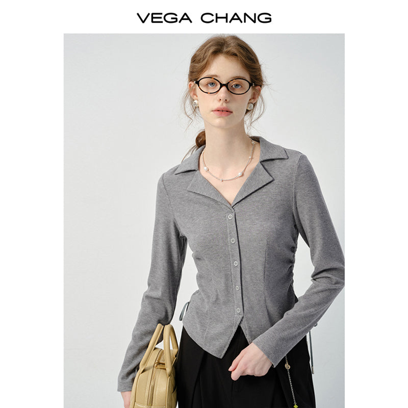 Open V-Neck Fitted Top With Faux Button Placket