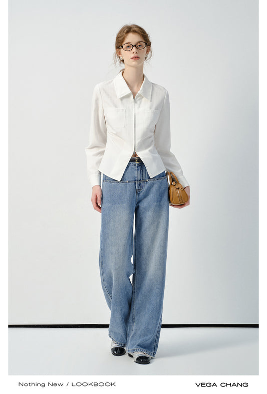 Striped Gathered Shirt With Double Zipper