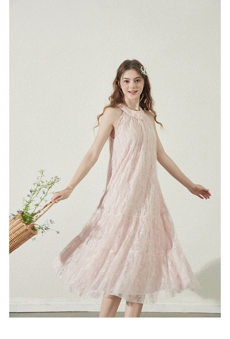 Lace Sleeveless Dress With Back Bow Detail