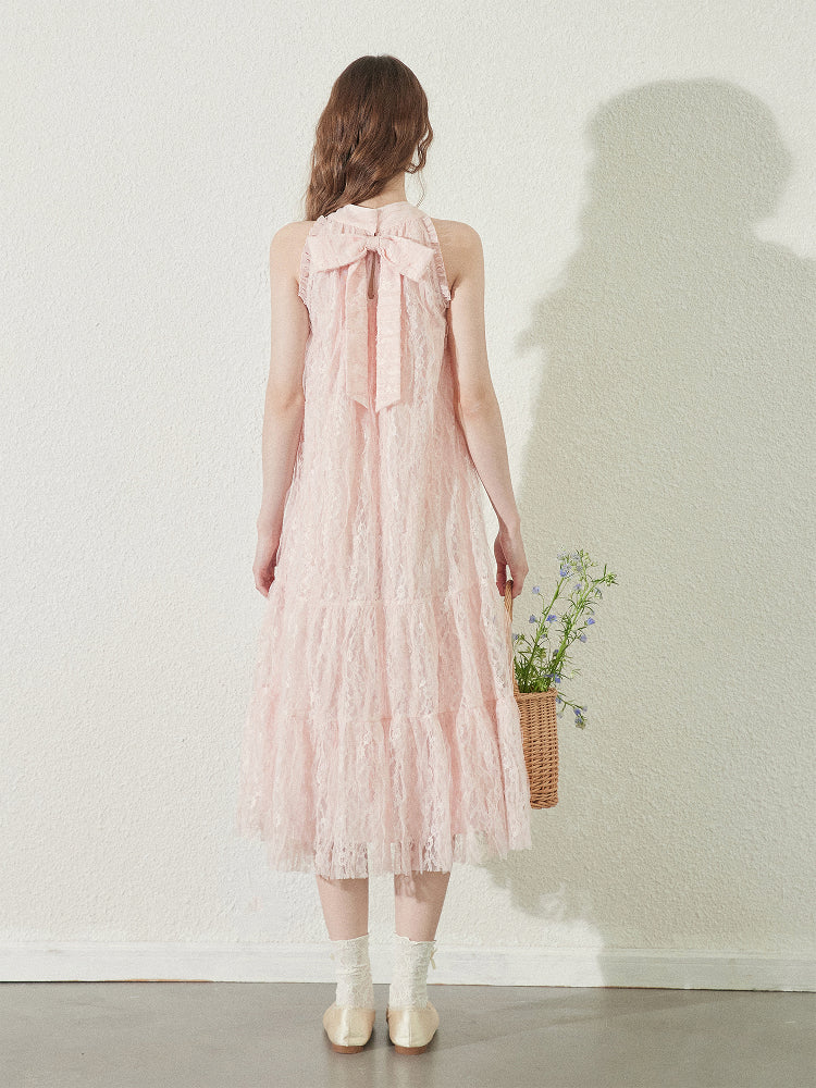 Lace Sleeveless Dress With Back Bow Detail