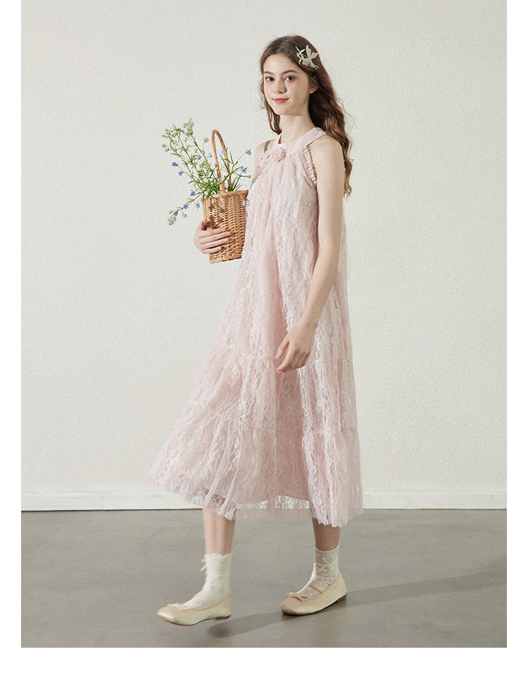 Lace Sleeveless Dress With Back Bow Detail