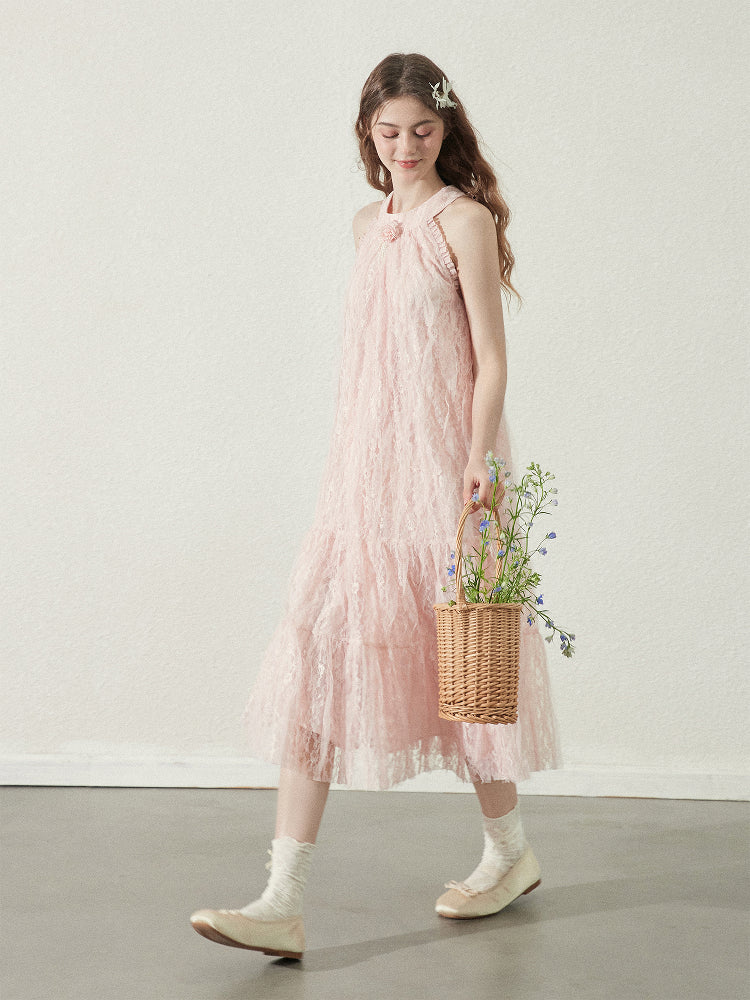 Lace Sleeveless Dress With Back Bow Detail