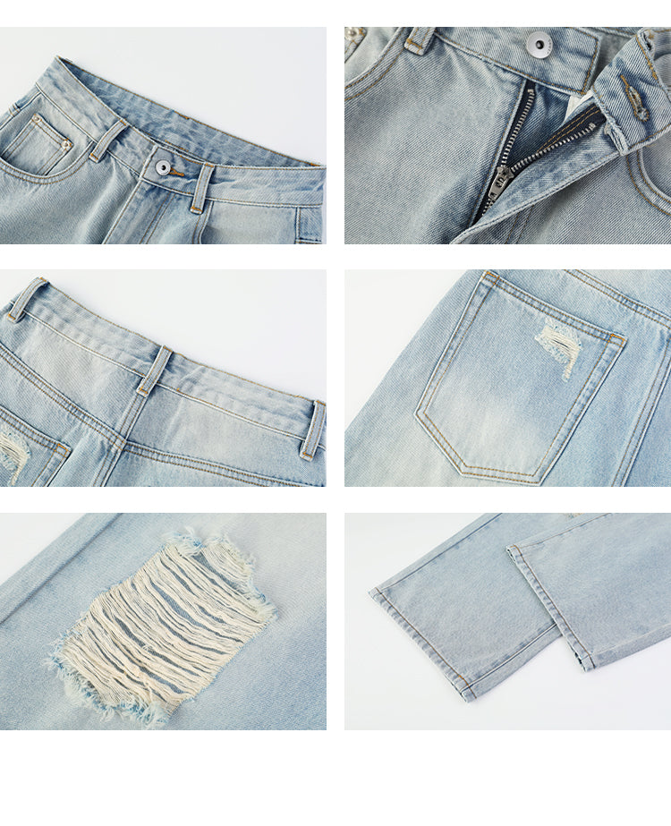 High-Waisted Distressed Straight Jeans