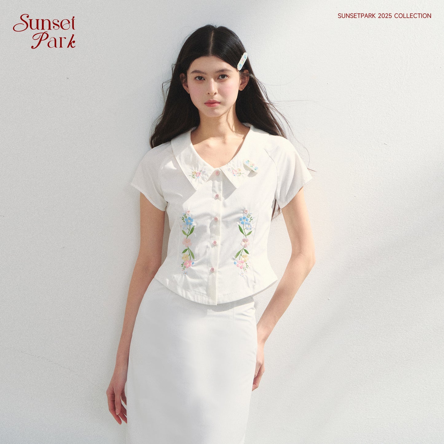 Floral Embroidered Fitted Blouse & Skirt In Pure Cotton