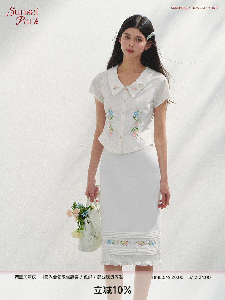 Floral Embroidered Fitted Blouse & Skirt In Pure Cotton