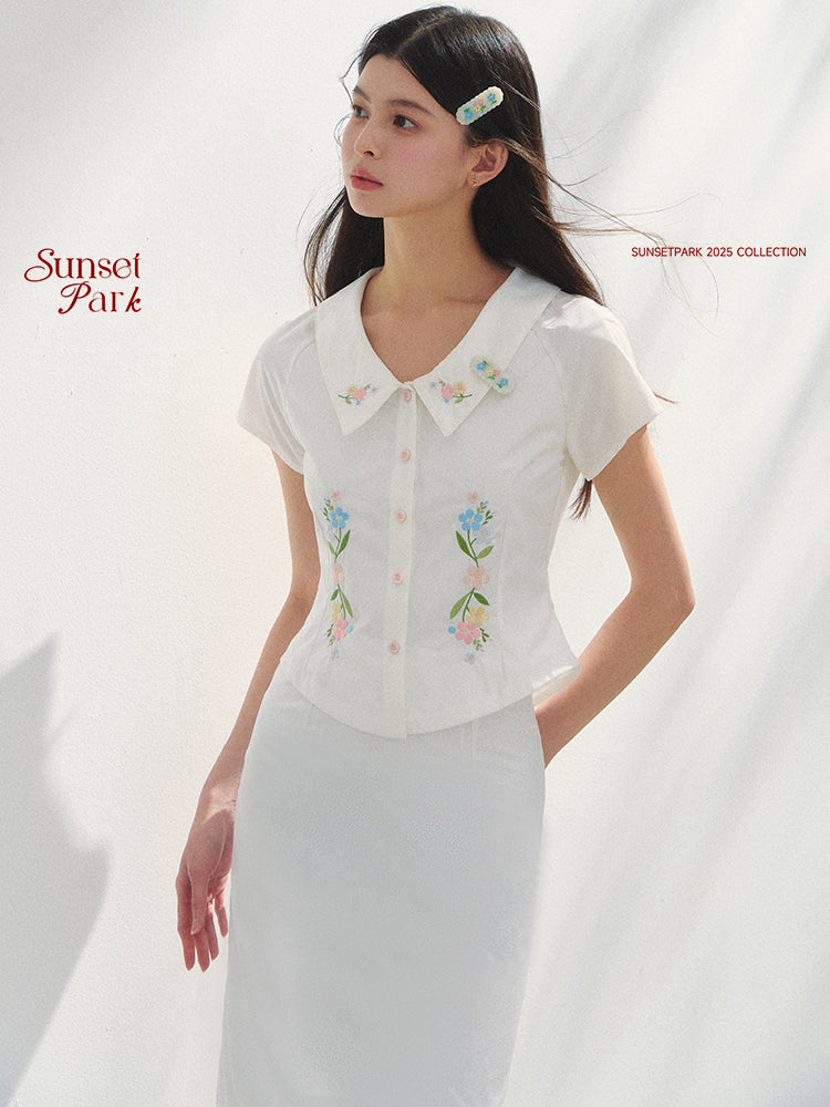 Floral Embroidered Fitted Blouse & Skirt In Pure Cotton