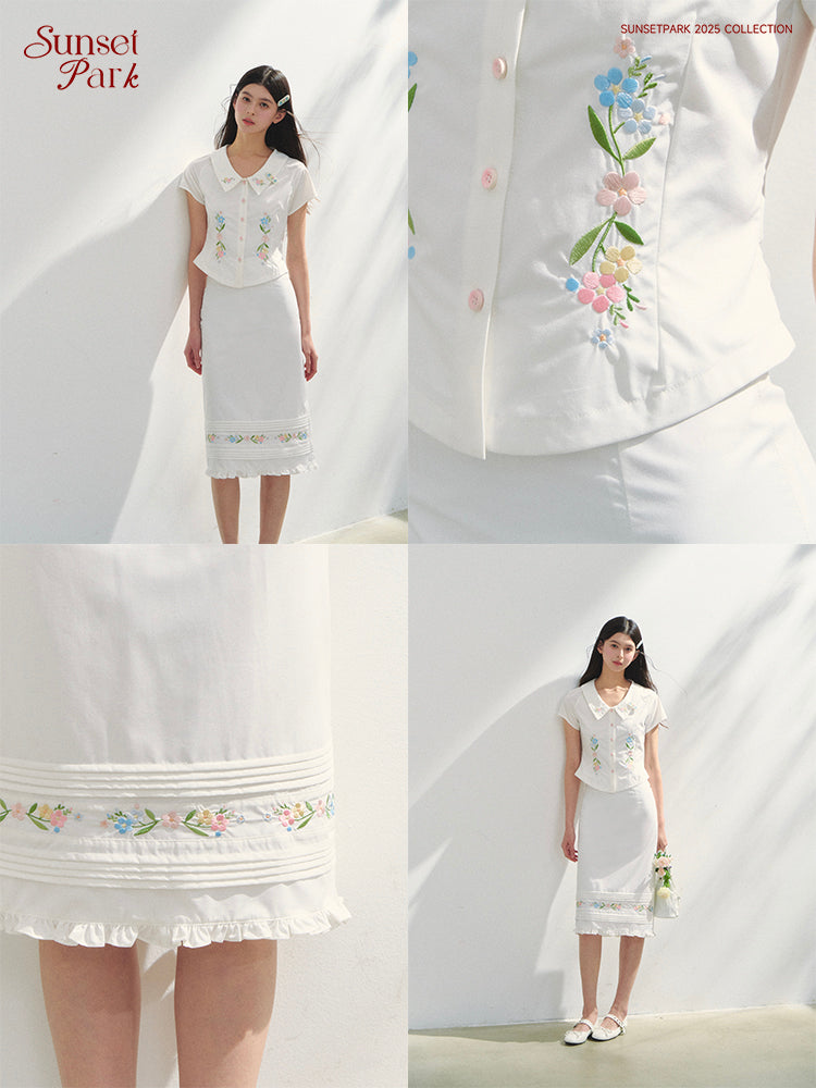 Floral Embroidered Fitted Blouse & Skirt In Pure Cotton