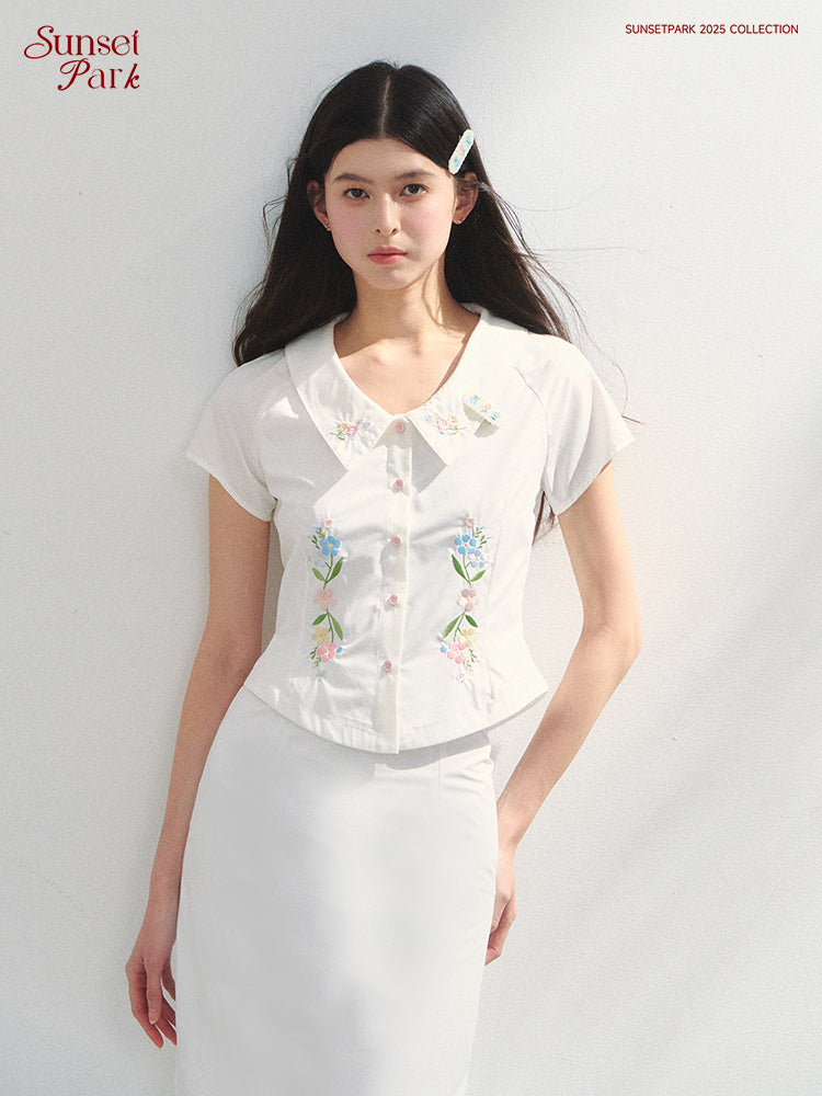 Floral Embroidered Fitted Blouse & Skirt In Pure Cotton