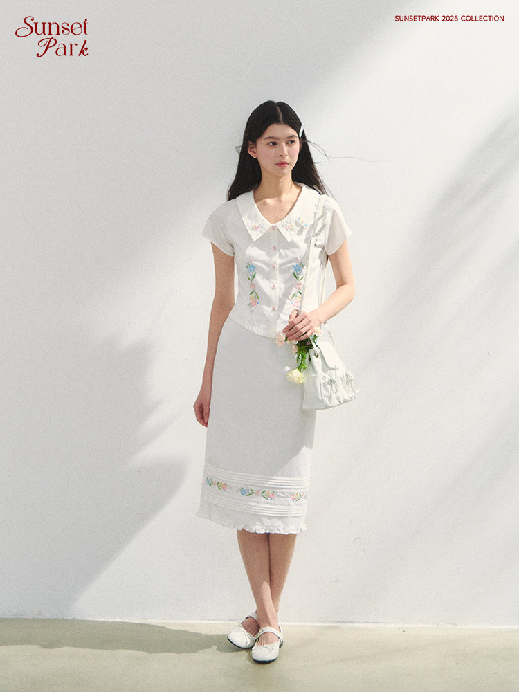 Floral Embroidered Fitted Blouse & Skirt In Pure Cotton