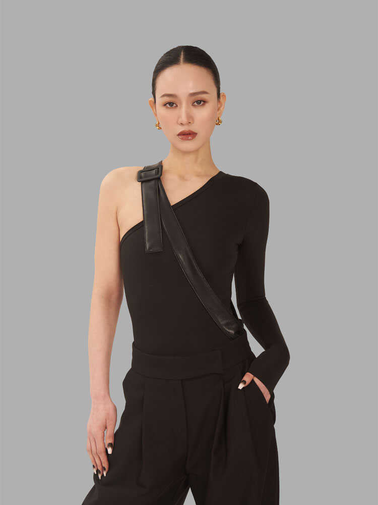 One Shoulder Fitted Top With Faux Leather Belt
