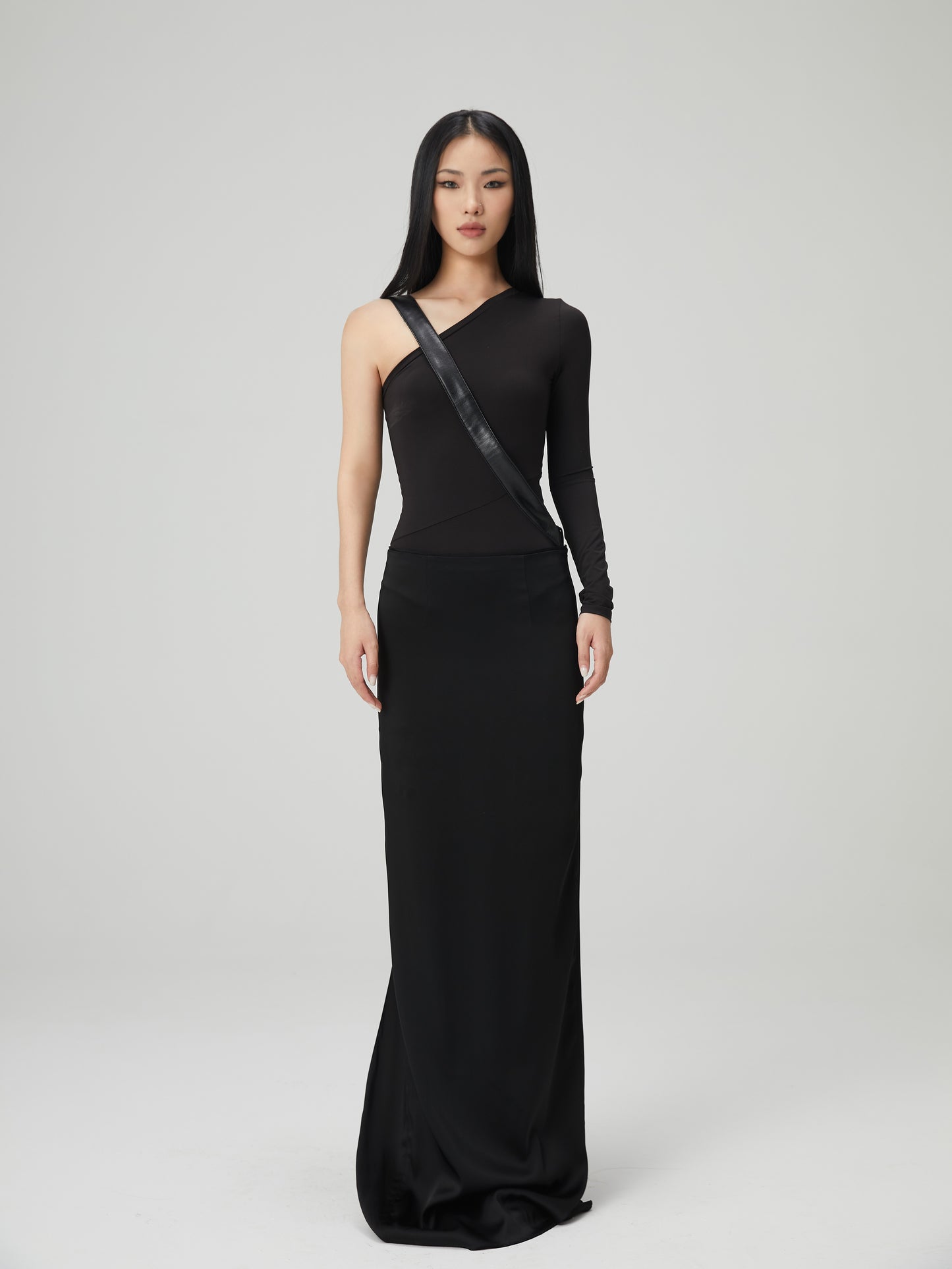 One Shoulder Fitted Top With Faux Leather Belt