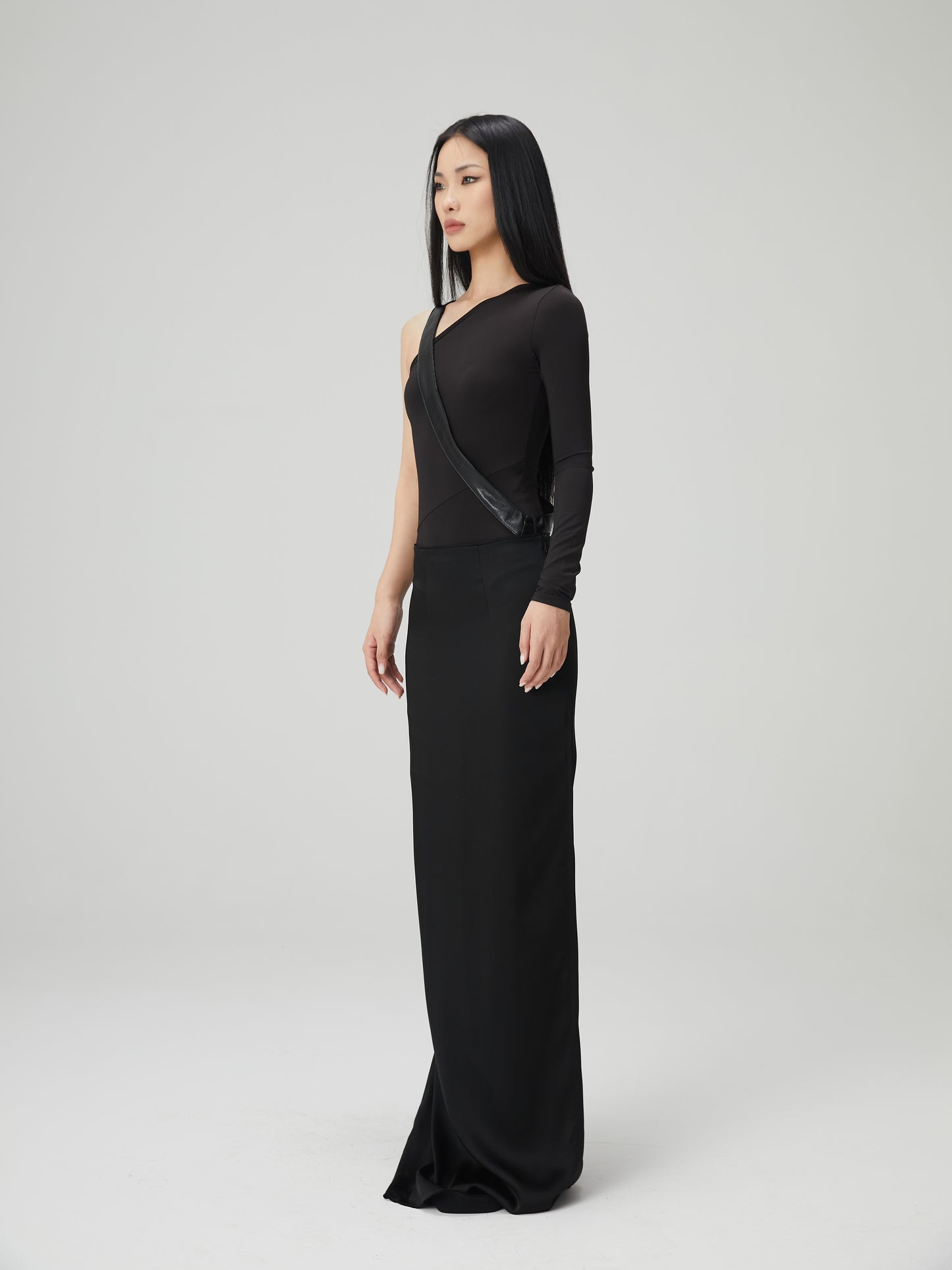 One Shoulder Fitted Top With Faux Leather Belt