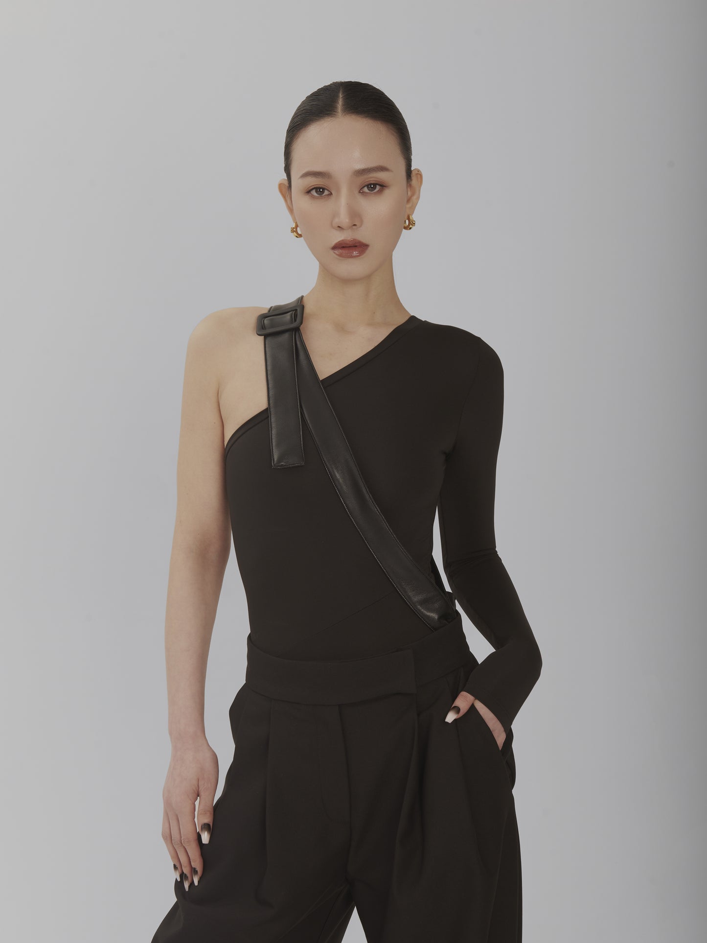One Shoulder Fitted Top With Faux Leather Belt
