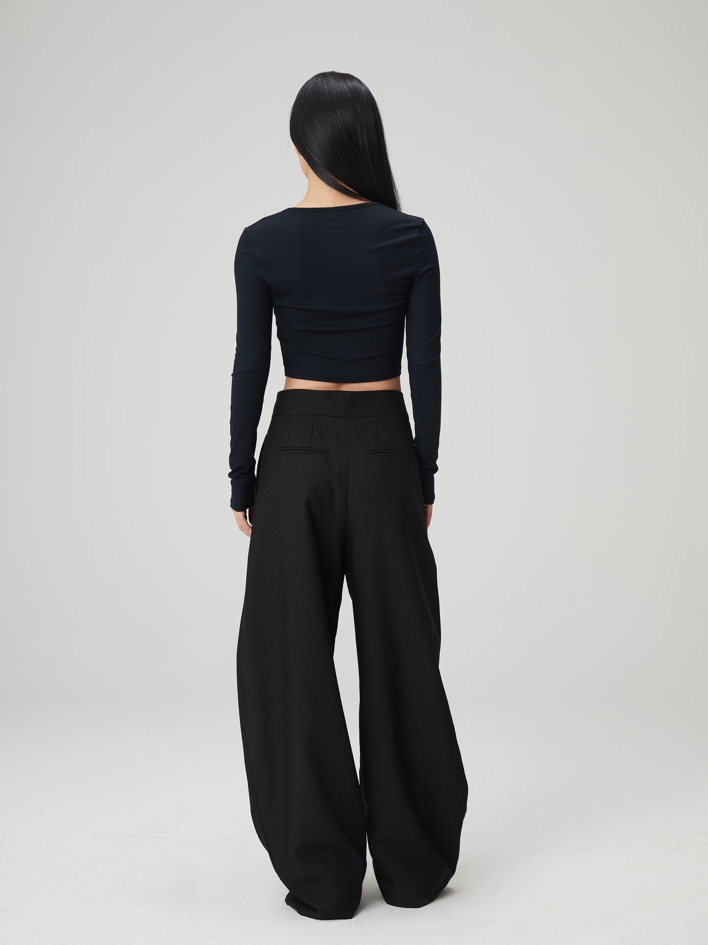 Floor-Length Curved Pintuck Trousers