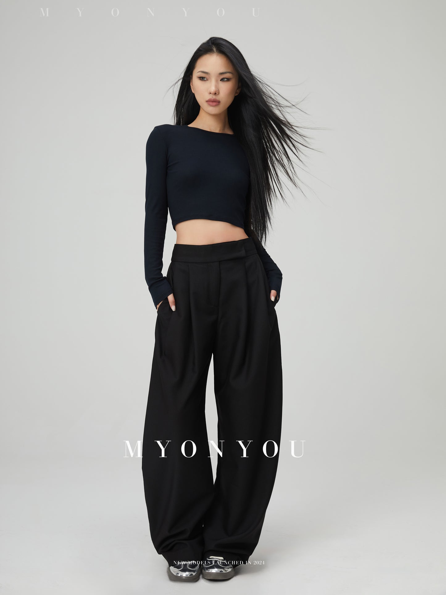 Floor-Length Curved Pintuck Trousers