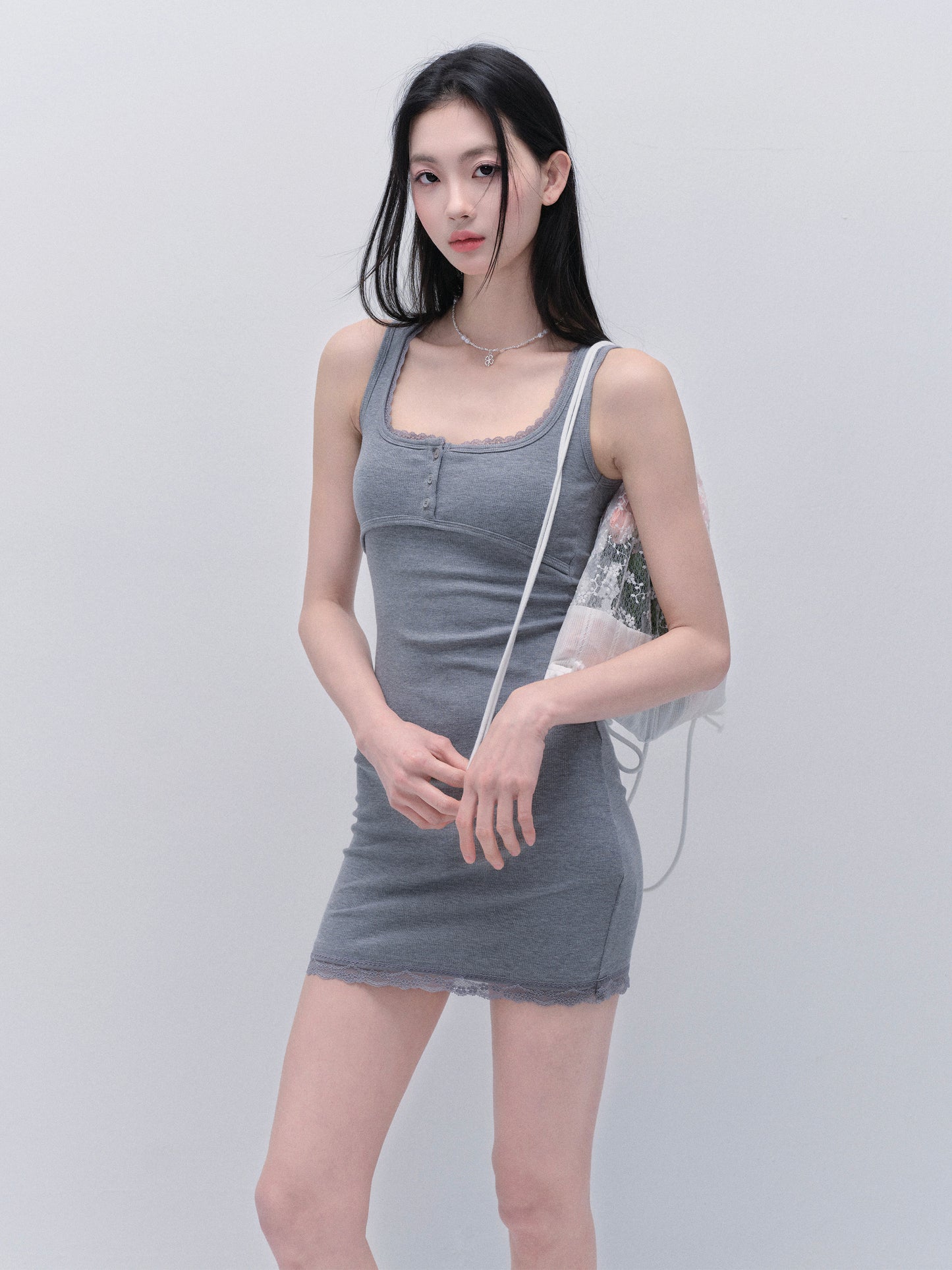 Basic Lace-Trimmed Henley Neck Ribbed Mini Dress