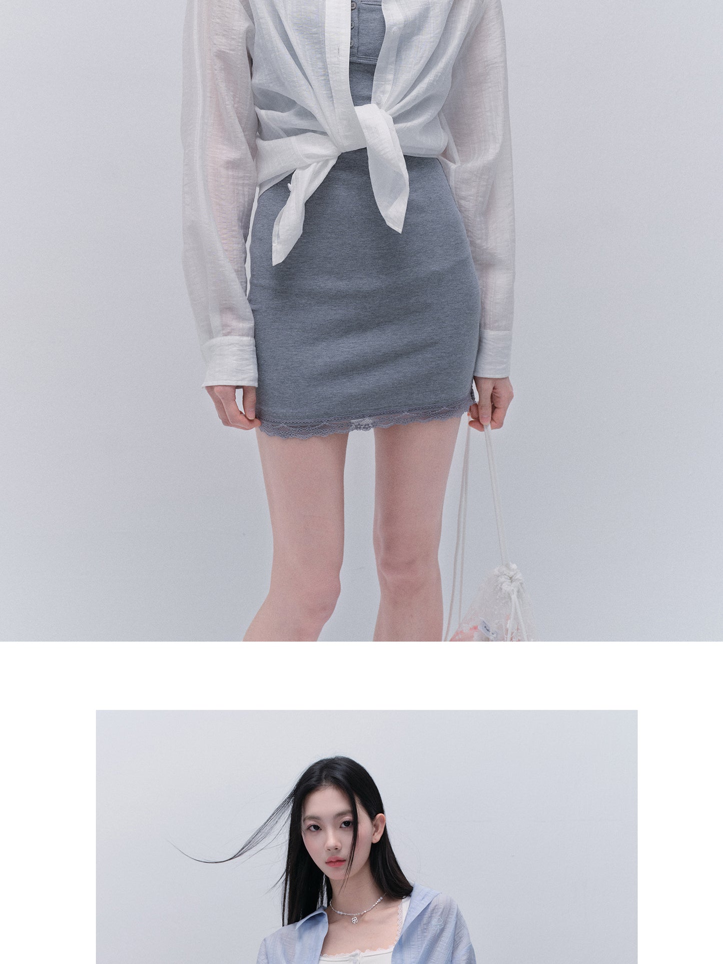 Basic Lace-Trimmed Henley Neck Ribbed Mini Dress