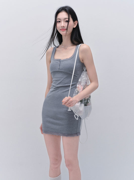 Basic Lace-Trimmed Henley Neck Ribbed Mini Dress