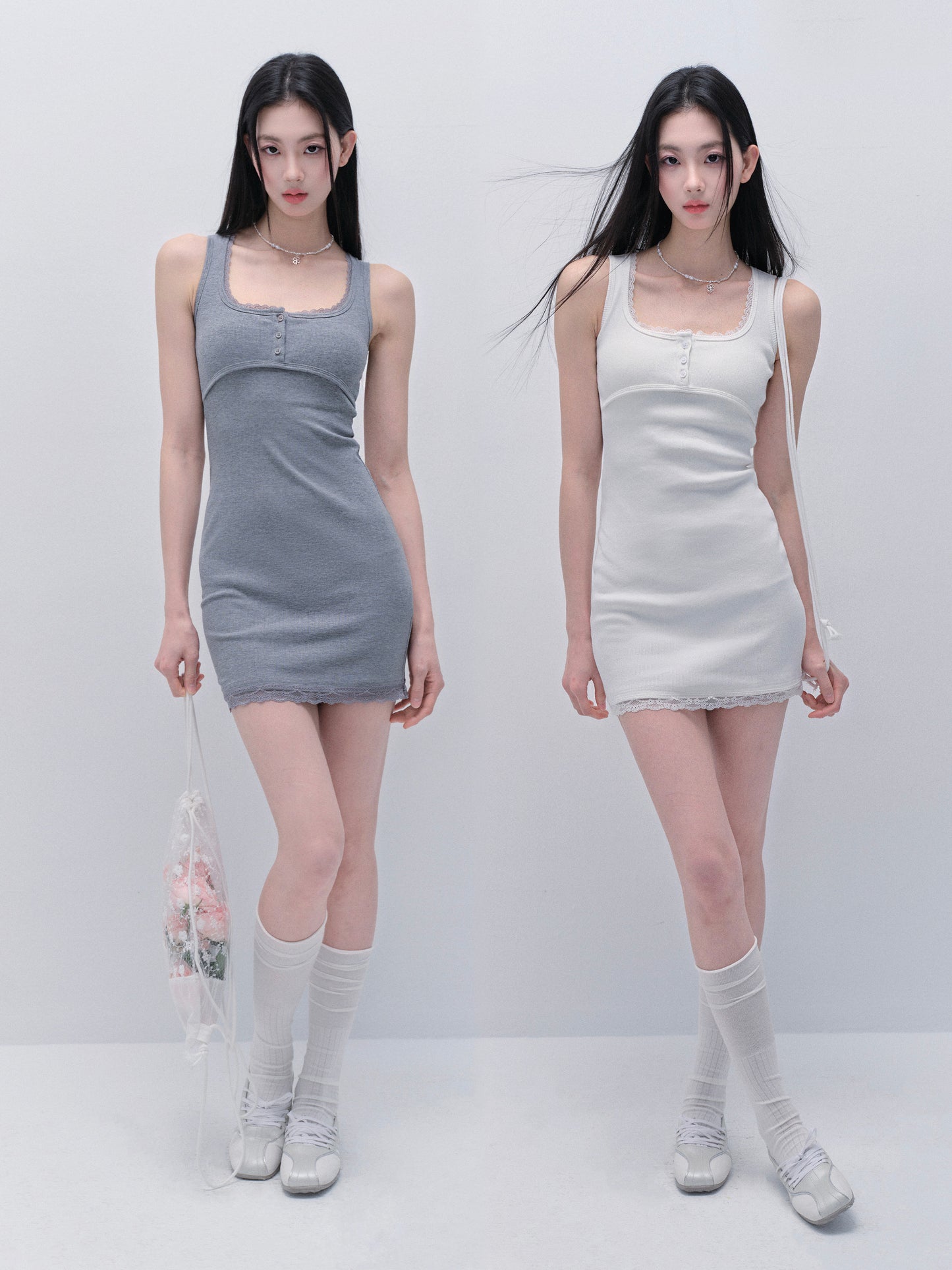 Basic Lace-Trimmed Henley Neck Ribbed Mini Dress
