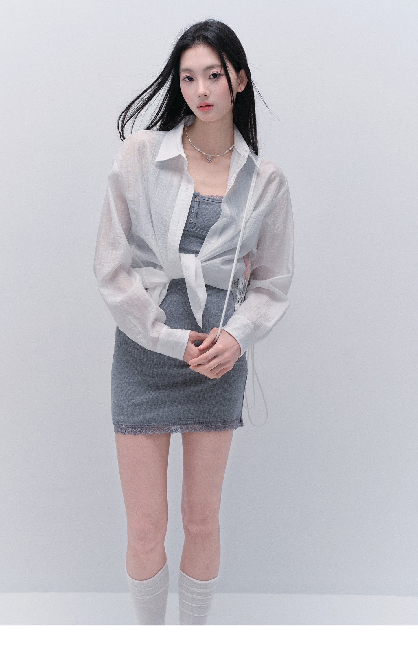 Basic Lace-Trimmed Henley Neck Ribbed Mini Dress