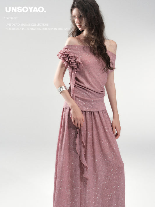 Sparkle Ruffle Bardot Top & Maxi Skirt