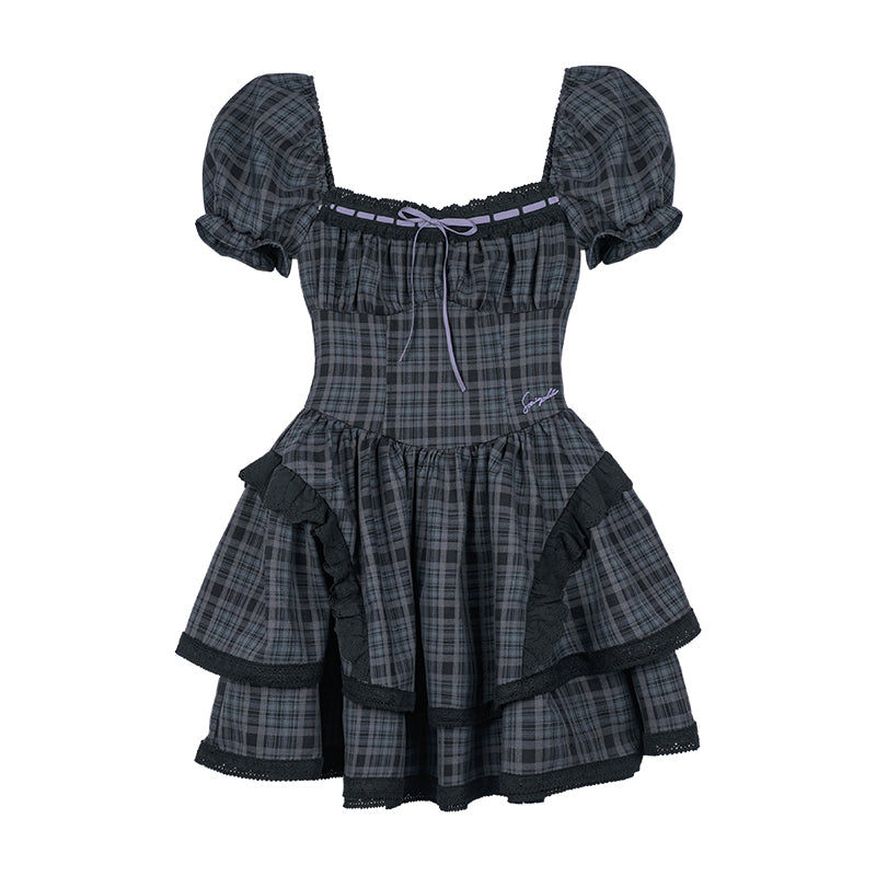 Puff-Sleeve Corset-Style Gothic Plaid Dress