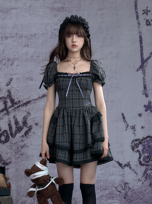 Puff-Sleeve Corset-Style Gothic Plaid Dress