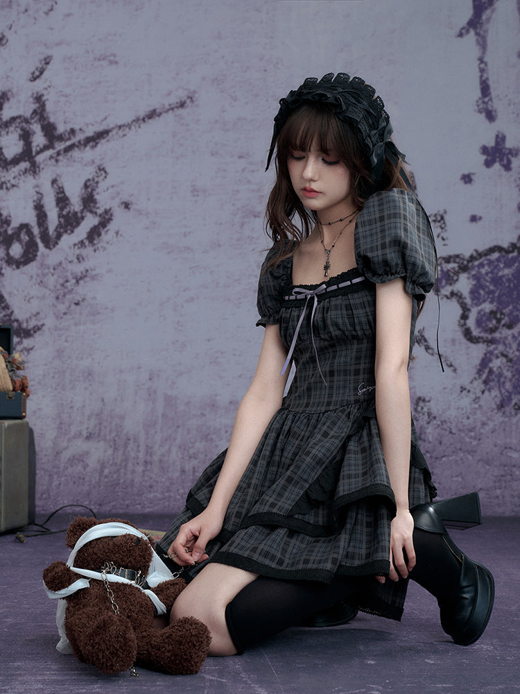 Puff-Sleeve Corset-Style Gothic Plaid Dress