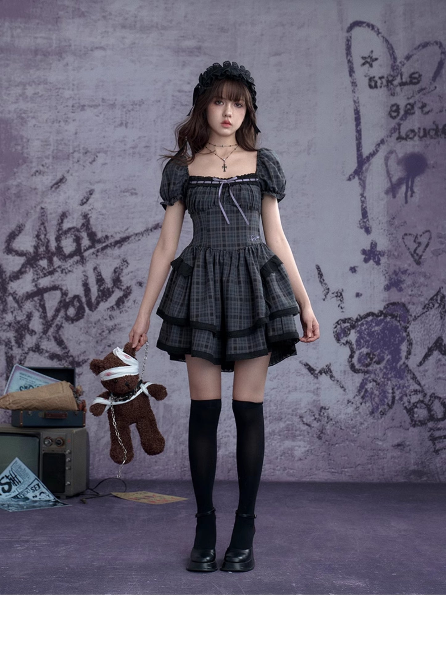 Puff-Sleeve Corset-Style Gothic Plaid Dress