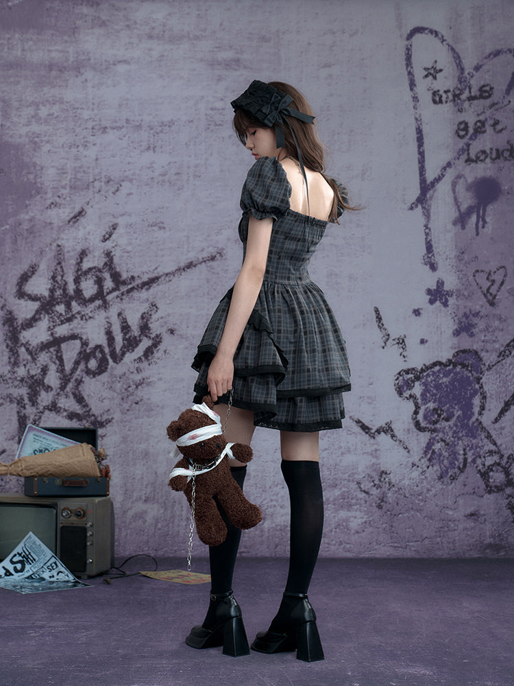 Puff-Sleeve Corset-Style Gothic Plaid Dress