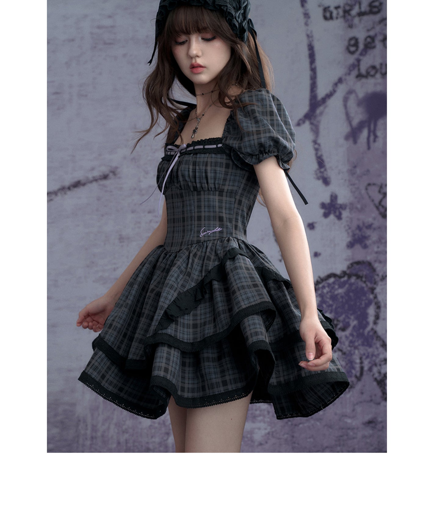 Puff-Sleeve Corset-Style Gothic Plaid Dress