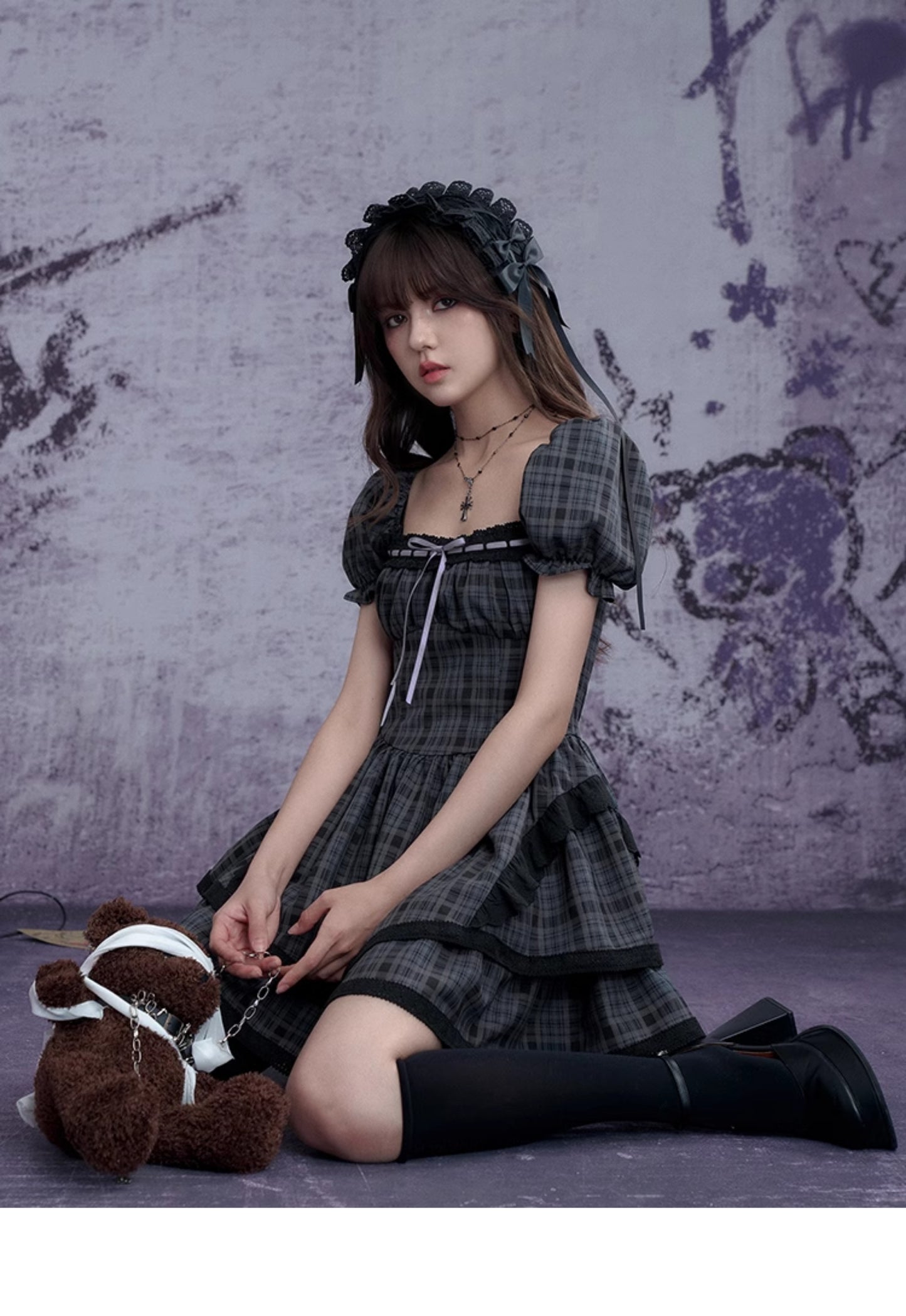 Puff-Sleeve Corset-Style Gothic Plaid Dress