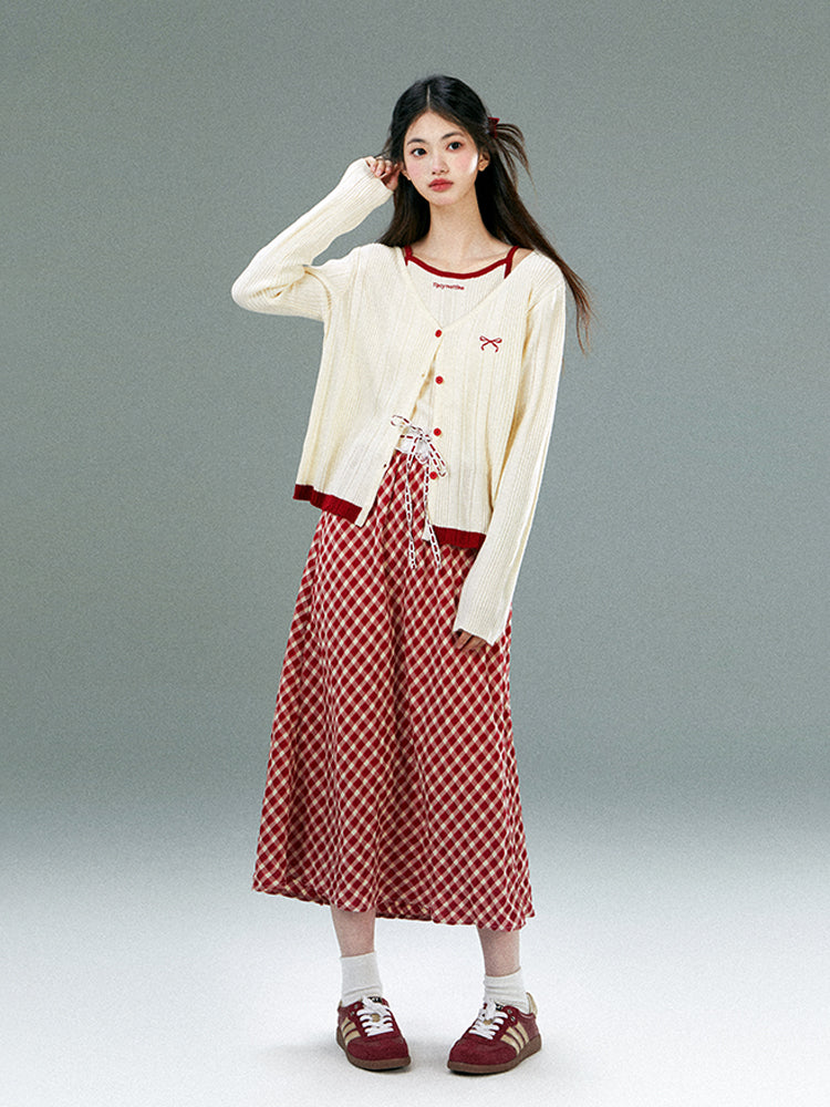 High Waist Checkered Skirt With Laced Waistband